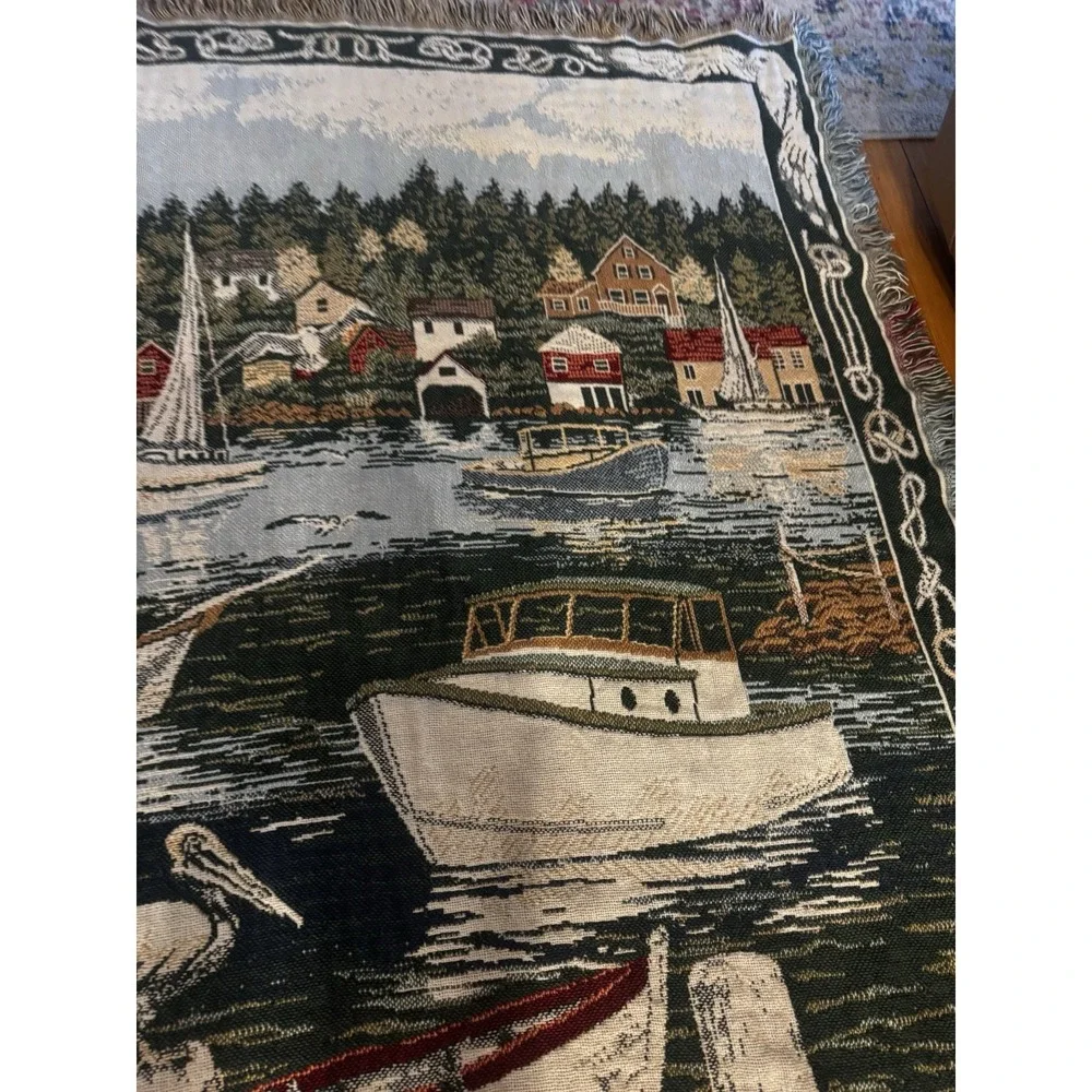 Vintage Tapestry Lake‎ Sailboat Birds Harbor Fringe Lap Blanket Throw Outdoors
